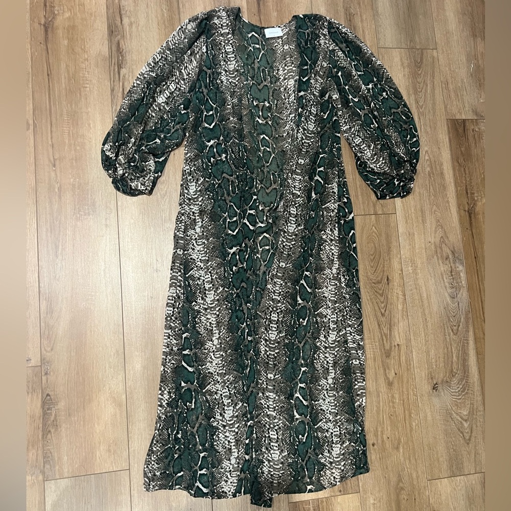 Adrienne Green Black and Tan Snake Print Kimono Duster Cardigan Small